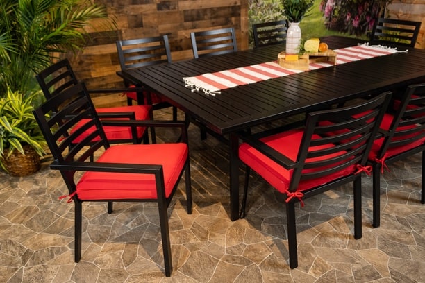 Glenhaven Stone Harbor Aluminum Backyard Dining 60x93 Stone Harbor Slat Table with 10 Dining Chairs