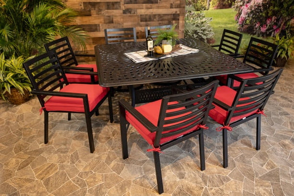 Glenhaven Stone Harbor Aluminum Outdoor Dining 64x64 Square Chelsea Table with 8 Dining Chairs