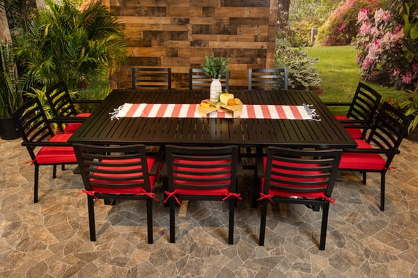 Glenhaven Stone Harbor Aluminum Outdoor Patio Dining 60x93 Stone Harbor Table with 10 Slat Chairs