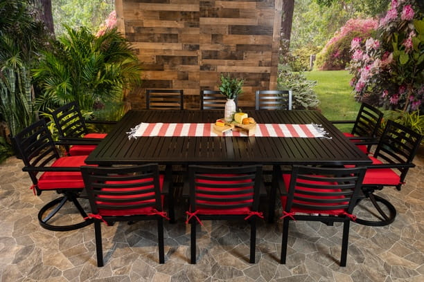 Glenhaven Stone Harbor Aluminum Patio Dining 60x93 Slat Table with 6 Stationary and 4 Swivel Dining Chairs