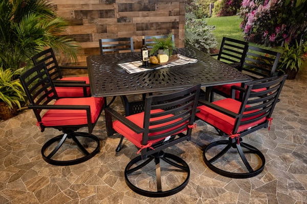 Glenhaven Stone Harbor Aluminum Patio Dining 9 Piece 64x64 Square Chelsea Table with 8 Swivel Chairs