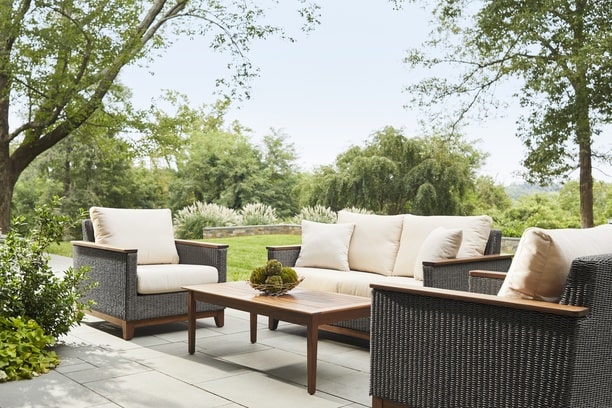 Jensen Outdoor Coral IPE Woven Grey Outdoor Patio Seating Love Seat Club Chairs Coffee Table Sunbrella Cushion.