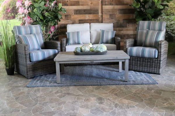 patio renaissance all weather pvc wicker outdoor seating love seat club chairs coffee table