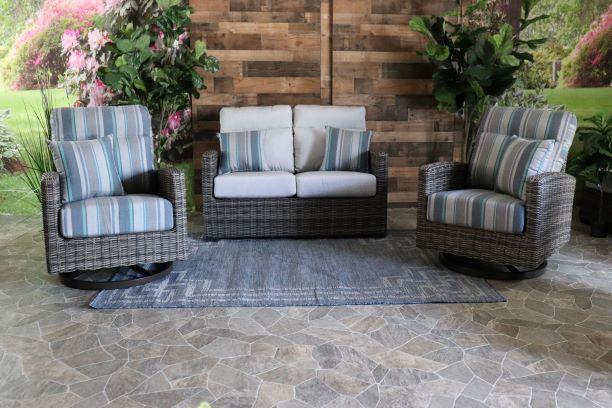 patio renaissance all weather pvc wicker outdoor seating love seat swivel chairs sunbrella