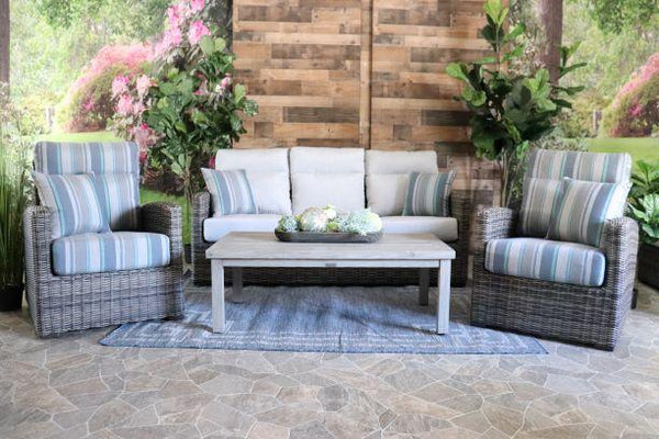 patio renaissance all weather pvc wicker outdoor seating sofa club chairs coffee table sunbrella