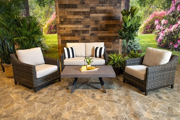 Patio Renaissance Somerset Seating Wicker Outdoor Furniture Loveseat with 2 Club Chairs and Coffee Table