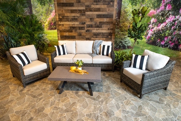 Courtyard Casual Bermuda FSC Teak 4 Piece Seating Set with Sofa, Coffee Table and 2 Club Chairs - Taupe