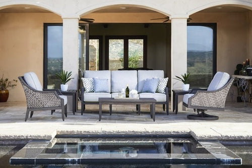 patio renaissance vieques cast aluminum all weather wicker outdoor patio seating club chair soda club chair swivel rocker coffee table canola seed fossil twog