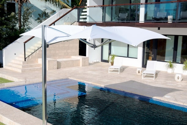 cantilevered patio umbrella Tuuci 10' Ocean Master Max Manta Cantilever Umbrella - Polished Titanium